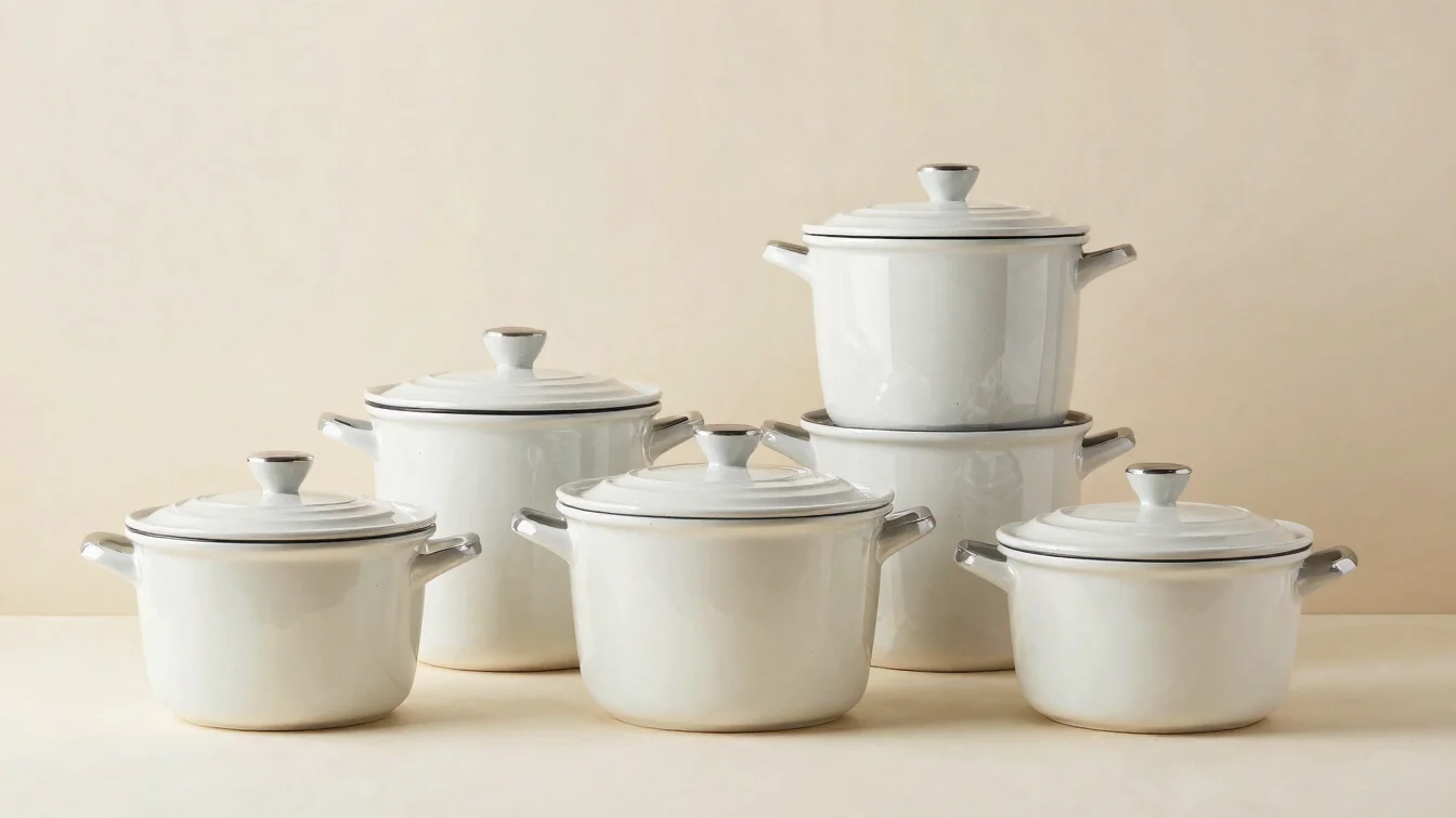 Fotografia editorial de recipientes e utensílios de cozinha sobre uma superfície clara, luz natural difusa, enquadrament