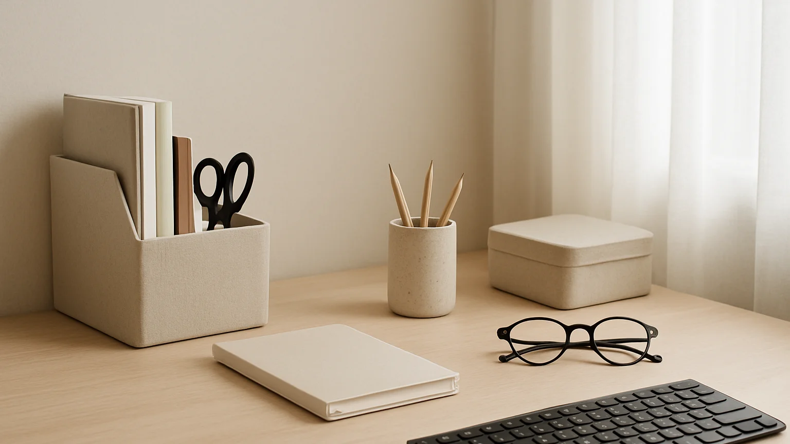 Fotografia editorial de uma mesa de trabalho simples com organizadores e acessórios, luz natural difusa, tons neutros, l