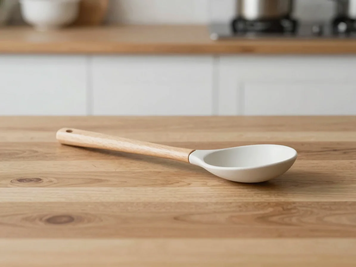 Close-up editorial photograph of a kitchen utensil resting on a wooden counter, soft diffused natural light, neutral ton