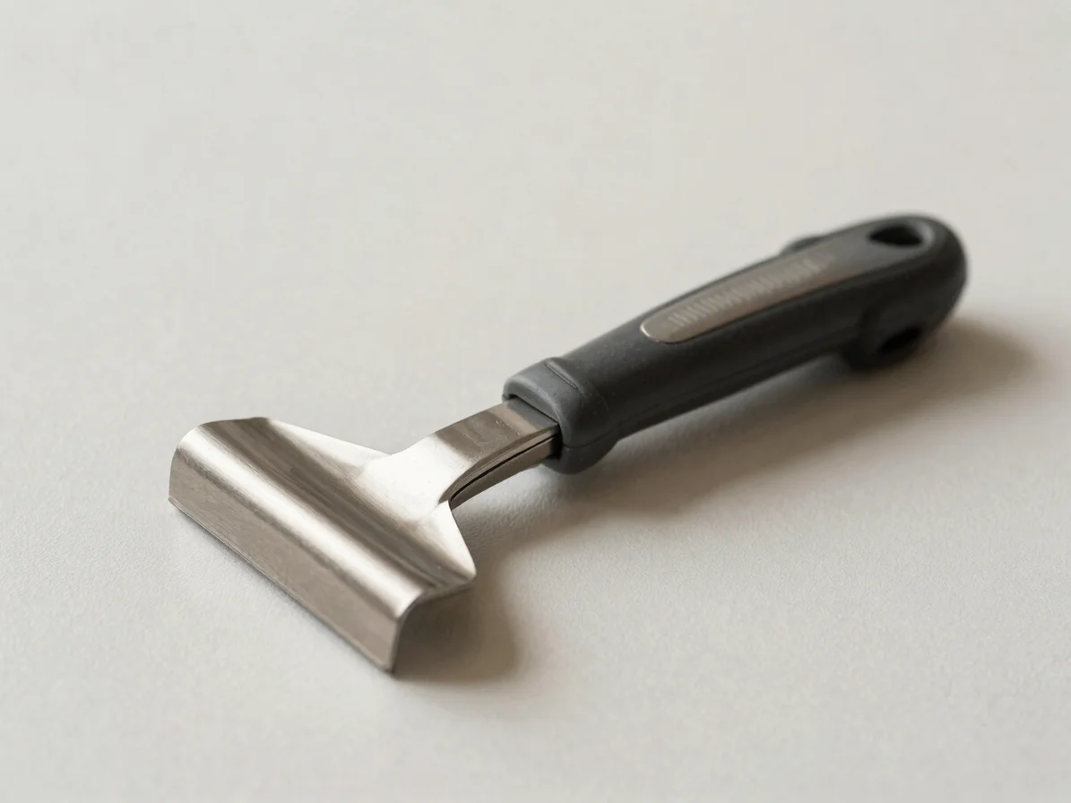 Detail photograph of a stainless steel and plastic household tool showing material finish, soft diffused natural light,