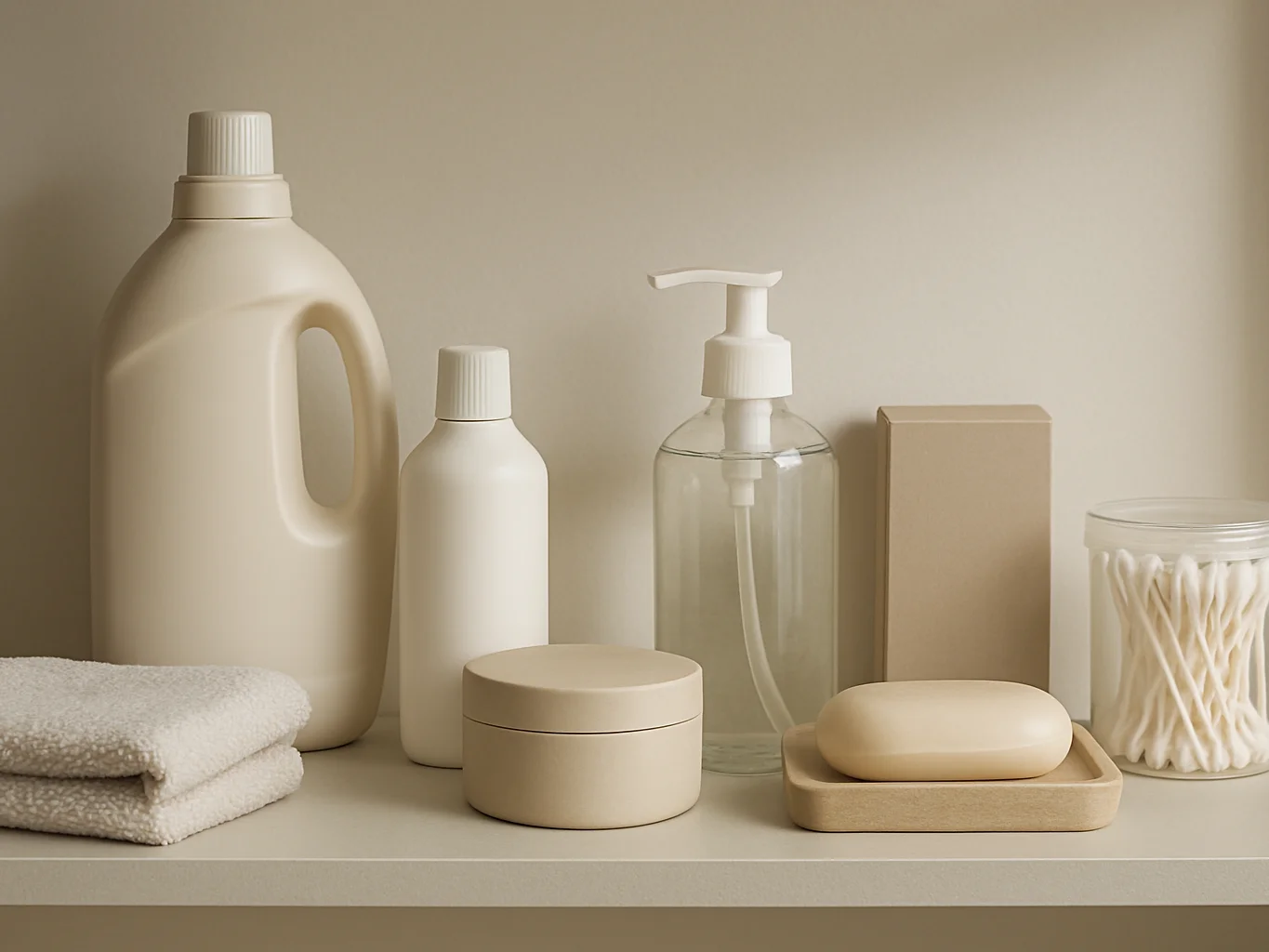 Wide editorial photograph of several organized household products on a neutral shelf, soft natural daylight, calm and pr